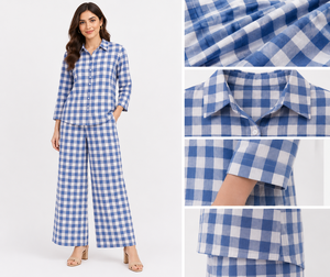 Ensemble de pyjama classique pour femme en coton écologique à carreaux, vêtements de détente de luxe, chemisier ample à boutons et pantalon large, vente en gros - Product Image 6