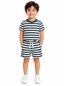 Conjunto de Ropa de Verano para Niños Pequeños, Azul Marino con Rayas Blancas, de Algodón, Dos Piezas, Manga Corta, Estilo Casual - Product Image 1