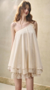 Robe élégante ivoire pour femme, prête à être expédiée, à une épaule, courte, avec une coupe évasée fluide, pour les fêtes, livraison directe. - Product Image 6