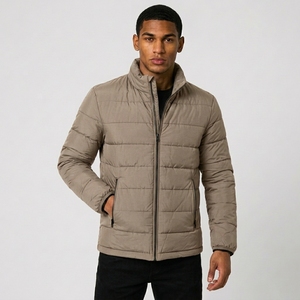 Men'<b>s</b> Olive Green Puffer <b>Jacket</b> Stand Collar Zipper Closure Windproof Casual Winter Wear Regular Fit Polyester Wadding - Product Image 2