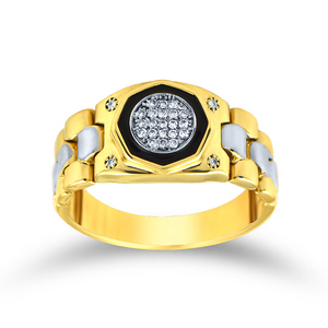Bague signet pour homme en or jaune 18 carats avec diamants, émail noir et accents en rhodium blanc, bague moderne et élégante - Product Image 1