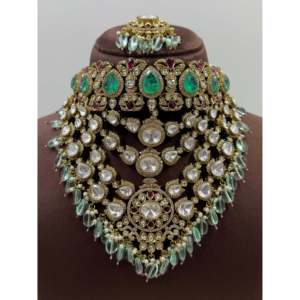 Indian Ethnic Mukta Jaipuri Kundan Gold Plated Choker Necklace & Earring Set for Festivals - Product Image 2
