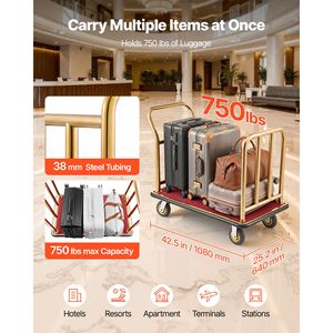 Carrito de Equipaje Resistente para Hotel, Capacidad de 750 Libras, Estructura de Acero Inoxidable, 6 Ruedas de Goma, Plataforma con Alfombra Roja - Product Image 2
