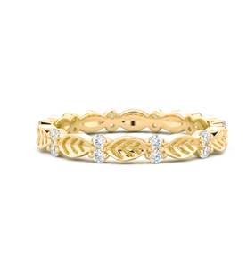 แหวนทองคำแท้ 18K ลายใบไม้ประดับเพชรทรงกลม แหวนเพชรทรงกลมแบบ Eternity Band แหวนแต่งงานแบบซ้อนได้ ของขวัญวันครบรอบ - Product Image 1