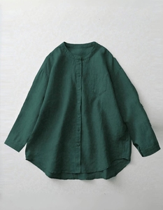 Blusa de Mujer de Lino con Cuello Mandarín, Manga Tres Cuartos, Color Sólido, Cierre de Botones, Corte Holgado, Estilo Minimalista, Primavera - Product Image 1