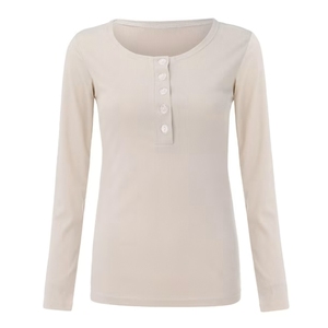 Women's Cotton Ribbed Henley T Shirt Long Sleeve Button Front Knitted Tee Casual Regular Fit Breathable Custom Logo - Product Image 3
