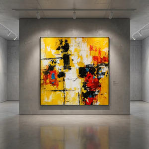 Peinture abstraite Art Déco faite à la main ARTHUB SHILPA RANDER, portrait, jaune, rouge, noir, grand format, toile acrylique carrée, cadre en bois clair - Product Image 3