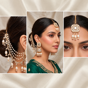 Bijoux ethniques indiens de mariée, style fusion cachemiri, géométriques, avec chaîne d'oreille Kundan Jhumka, pampilles de perles plaquées or traditionnel Sahara - Product Image 5