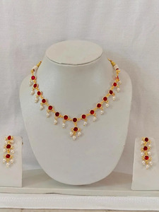 Juego de Collar y Aretes de Perlas con Piedras Rojas Chapados en Oro Real, Joyería Nupcial India Premium para Mujeres y Niñas, Venta al Por Mayor - Product Image 1