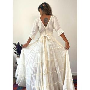 Vestido Maxi Boho Casual de Algodón para Verano, Cintura Natural, Escote en V Profundo, Largo hasta el Suelo, Transpirable, Ecológico, Antiarrugas - Product Image 4
