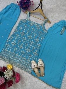High on Demand Party Wear Strappy Neck Palazzo <b>Suit</b> with <b>Fancy</b> Latkan and Sequence Work Ready to Wear Designer Ethnic Outfit for - Product Image 5