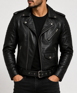Dumela Men's Black Genuine Leather Streetwear Motorcycle Jacket Slim Fit Stand Collar Zipper Closure Belted Design Plain Dyed - Product Image 4