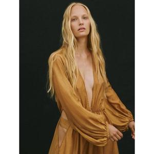 Women's Knitted Natural Waist Deep V Neck Floor-Length Flare Sleeve Elegant Boho Eco-Friendly <b>Evening</b> Gown in Gold - Product Image 4