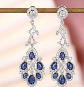 Blue Hydro Dangle Earrings 6 Inch Length Pear Cut with CZ 925 <b>Sterling</b> <b>Silver</b> 18K Gold Plated Statement Jewelry - Product Image 1