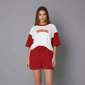 OEM/ODM 100% Cotton Women's <b>set</b> Short sleeve 2 tone Custom Screen Printed Logo Oversized Drop Shoulder Comfortable <b>twin</b> <b>set</b> - Product Image 5