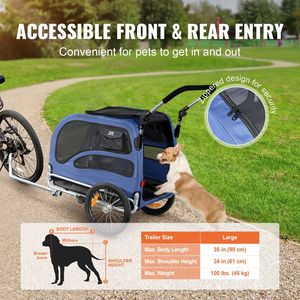 Bleu/Noir 2-en-1 Chien Vélo Remorque Facile Pliant Chariot Cadre Roues À Dégagement Rapide Prend En Charge 100 Lbs Universel Pet Carrier - Product Image 5