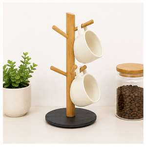 Support mural moderne en bois pour tasses avec base en ardoise lourde et 6 crochets – Organisateur de comptoir pour tasses à café – Vente en gros – En promotion - Product Image 2