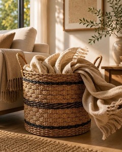 Panier de rangement en jonc de mer tressé naturel avec poignées, style rustique en rotin, panier à linge multi-usages pour l'organisation de la maison - Product Image 6