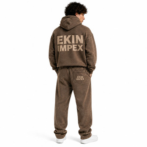 Ensemble de survêtement minimaliste pour homme en molleton de coton délavé de haute qualité, marron, en coton French Terry, avec logo décontracté, vêtements de sport décontractés - Product Image 2