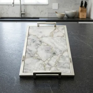 Handmade Steel Serving Tray with Quartz Base Decorative Rectangular Display Tray Modern Tabletop <b>Organizer</b> for Home Kitchen - Product Image 6