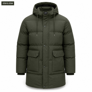 Men's Olive Green Hooded Long <b>Parka</b> <b>Waterproof</b> Windproof Fleece Casual Winter <b>Jacket</b> with Front Pockets Zipper Closure OEM ODM - Product Image 1
