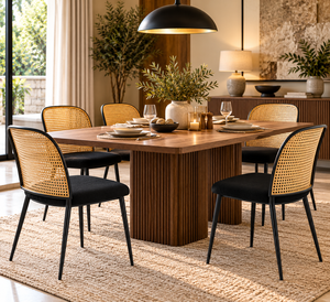 Modern Luxurious Style Minimalist Design Rattan Dining <b>Chair</b> with <b>Black</b> Metal Frame and <b>Velvet</b> Seat - Product Image 1