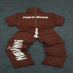 Sweat à capuche unisexe d'hiver à fermeture éclair intégrale, design de logo personnalisé de haute qualité, appliqué entièrement en strass, ensemble de survêtement confortable 2 en 1 - Product Image 3