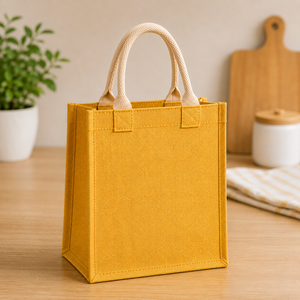 Sac à déjeuner en jute écologique, imprimé « Good Food Good Mood », jaune, durable, réutilisable, sac cadeau pour pique-nique, bureau, voyage - Product Image 5
