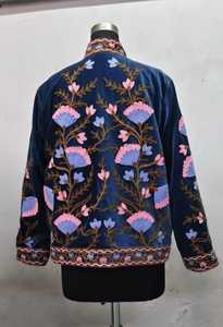 Suzani Embroidered Cotton <b>Velvet</b> <b>Jacket</b> Floral Patterns Decorative Trim Multi Color for Winter Boutique Fashion Wholesale India - Product Image 3