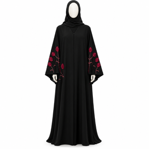 Abaya Negra para Mujer con Bordado Floral |   Vestido Musulmán Modesto, Kaftán Largo de Manga Larga, Ropa Islámica, Elegante Vestido Holgado para Uso Diario - Product Image 1