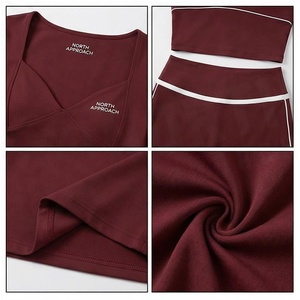 North Approach 2 Piece Yoga Set Deep V Neck Spaghetti Strap Crop Top High Waist <b>Skirt</b> Solid Burgundy Breathable Sportswear - Product Image 4