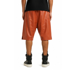 <b>Men's</b> Brown PU Leather New Style Unique Design Cowhide Leather Canvas <b>Shorts</b> Custom Made SOLID Color Breathable Quick Dry High - Product Image 3
