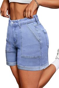 Shorts Bermuda de Mezclilla de Cintura Alta con Bolsillos, Algodón Lavado, Casual, para Mujer, Corte Regular, Cierre de Botones, Azul Claro - Product Image 4