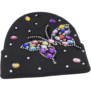 Black Rhinestone Knit Beanie Hat Women <b>Men</b> Winter Ribbed <b>Cap</b> Soft Stretch Warm Streetwear Custom Logo Hat - Product Image 3