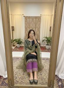 Women's Black And Purple Embroidered Salwar Suit With Green Dupatta Traditional Indian Pakistani Style Ankle-Length Regular Fit - Product Image 3
