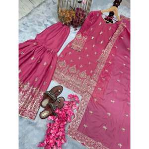 Conjunto de Top y Pantalones Plazzo de Georgette Simar Pesado Puro para Mujer, para Fiestas - Product Image 2
