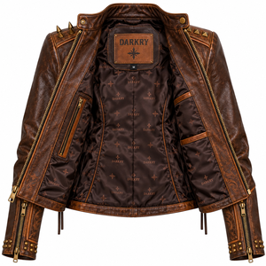 Brown <b>Women</b> Genuine Leather Biker <b>Jacket</b> Custom Cowgirl Print Side Laced Embossed Studded Outerwear OEM Factory Service - Product Image 5