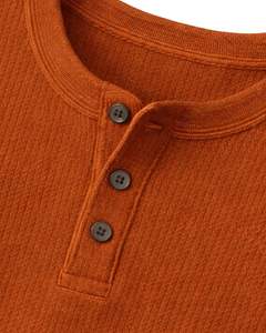 Mens Waffle Henley Long Sleeve Thermal T Shirt <b>Rust</b> Orange Casual Button Neck Winter Wear <b>Top</b> Cotton Slim Fit Breathable Fabric - Product Image 3