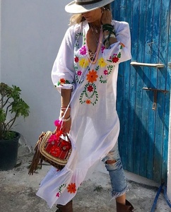 Artisanal Hand Embroidered White Cotton Voile Boho Maxi Tunic Dress V-Neckline and <b>Three</b>-Quarter Puff Sleeves Maxi Dress - Product Image 1