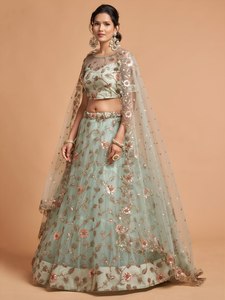 Indian Wedding Lehenga Choli <b>Net</b> Sequence Embroidery Floral Two Piece <b>Dress</b> for Women - Product Image 2