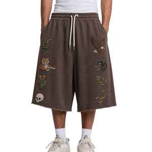 Custom Embroidery Fleece <b>Sweat</b> <b>Shorts</b> Men Loose Heavyweight Raw Hem Graphic Knee Length Bermuda <b>Shorts</b> Casual Brown Track <b>Shorts</b> - Product Image 3