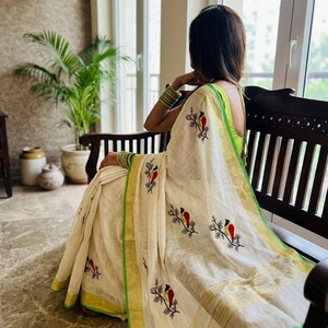 Sari en coton à motif d'oiseaux dessiné à la main avec bordure verte pour femmes, tenue indienne traditionnelle, style décontracté longueur ras du sol - Product Image 4