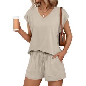 2025 femmes été Style quotidien 2 pièces col en v casquette manches chemise et short Midi imprimé quotidien tissé pour salon ensemble - Product Image 2