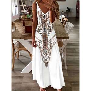 Vestido Maxi Bohemio Lavable y Ecológico para Mujer, Estampado Étnico, Cuello en V, Cintura Natural, Sin Mangas, Corte Holgado Informal de Verano - Product Image 1