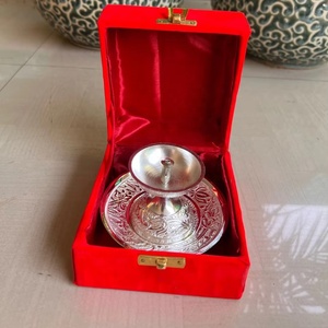 German Silver Diya with Intricately Carved Base and <b>Matching</b> Floral Plate Traditional Indian Oil Lamp Set for Puja - Product Image 1