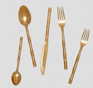 Ensemble de couverts plaqués or avec manche en bambou, compatibles lave-vaisselle, pour une vaisselle élégante pour la table - Product Image 1