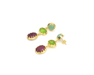 Boucles d'oreilles pendantes multi-gemmes en laiton plaqué or 18 carats, style vintage, formes mélangées, serties de pierres violettes pour femme - Product Image 2