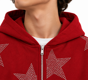 Sweat-shirt à capuche zippé pour homme, rouge, avec étoiles en strass, personnalisé, style streetwear oversize - Product Image 5