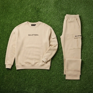 Ensemble de survêtement décontracté pour homme, sweat-shirt à col rond beige et pantalon cargo assorti, deux pièces, streetwear - Product Image 5