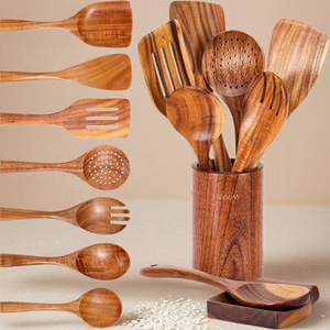 Juego de cucharas de madera de teca y acacia hechas a mano con soporte, vajilla natural sostenible, logotipo de marca personalizado, hecho en India - Product Image 1